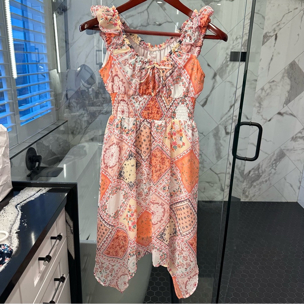 No Boundaries Orange and Cream Asymmetrical Sundress